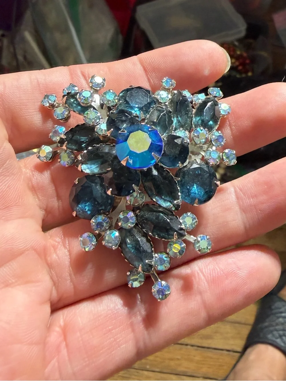 Vintage Silver Tone Flower Blue Navette Aurora Borealis Rhinestone 1930s Brooch